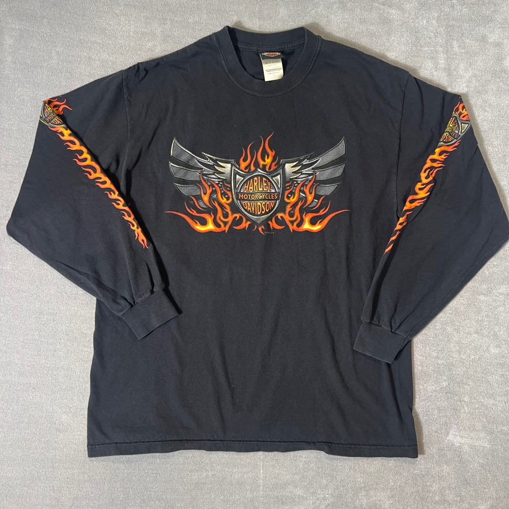 Vintage Harley-Davidson Miami Florida Flame Graphic Long Sleeve Shirt Black L